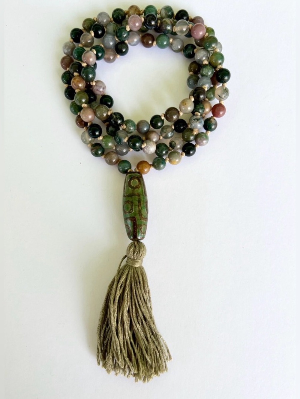 Boho Multi-Stone Bead Necklace with Green Tibetan Dzi Bead and Tassel